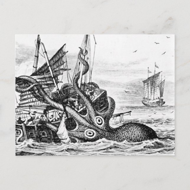 Kraken/Octopus Eating A Pirat Frakt, Black/White Vykort (Framsida)