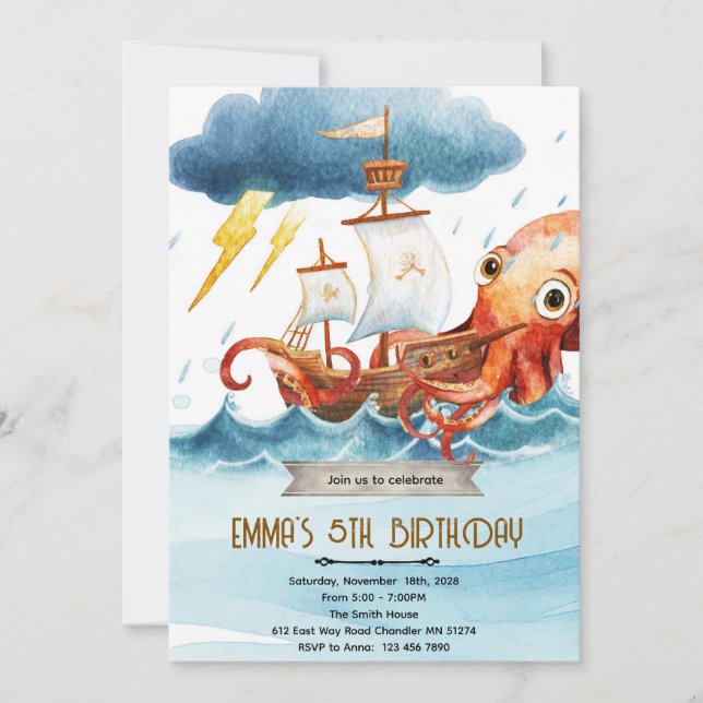 Kraken octopus theme invitation inbjudningar (Framsida)
