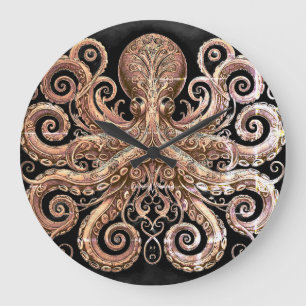 Kraken Steampunk Bläckfisk Ornamenterad Guld Svart Stor Klocka