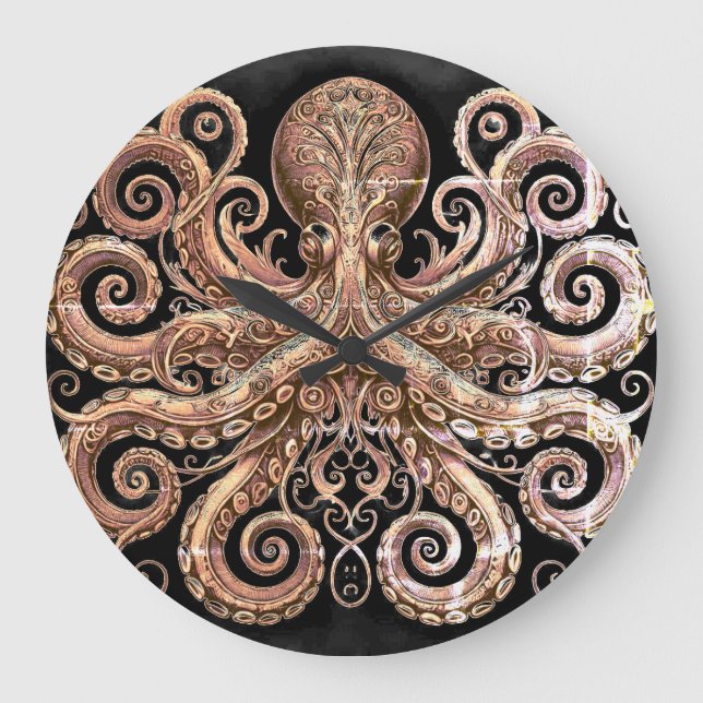 Kraken Steampunk Bläckfisk Ornamenterad Guld Svart Stor Klocka (Framsida)