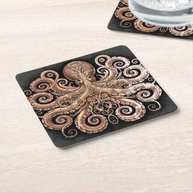 Kraken Steampunk Bläckfisk Ornate Guld Svart Underlägg Papper Kvadrat (Vinklad)