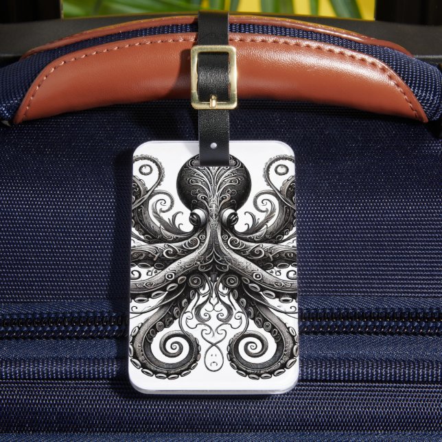 Kraken Steampunk Octopus Ornate Black Bagagebricka (Framsida Insitu 2)