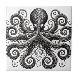 Kraken Steampunk Octopus Ornate Black Kakelplatta