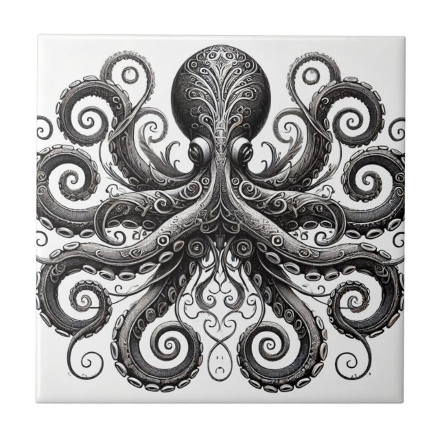 Kraken Steampunk Octopus Ornate Black Kakelplatta (Framsidan)