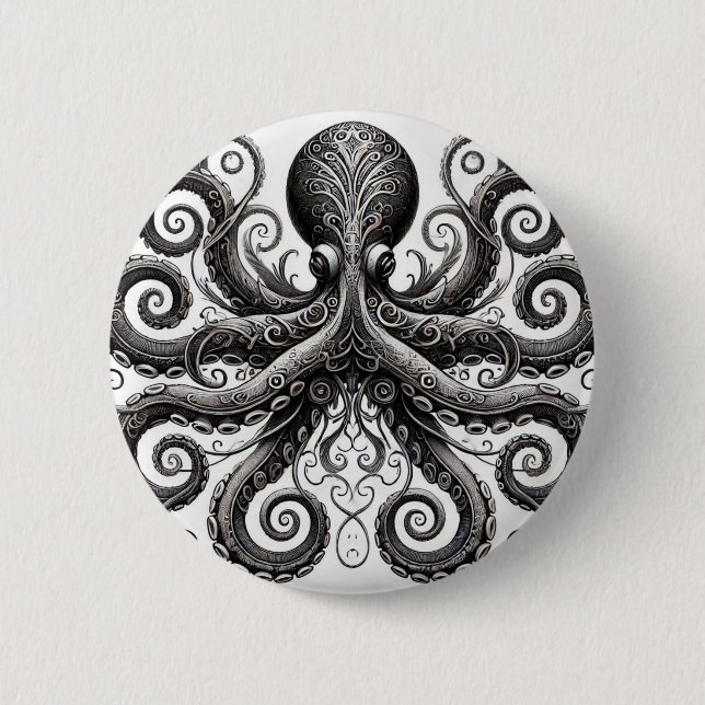 Kraken Steampunk Octopus Ornate Black Knapp (Framsida)