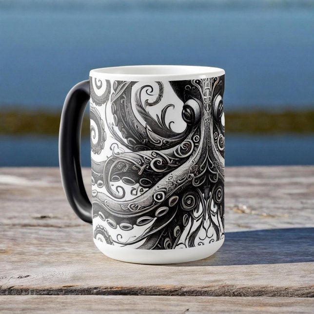 Kraken Steampunk Octopus Ornate Black Magisk Mugg (Skapare uppladdad)