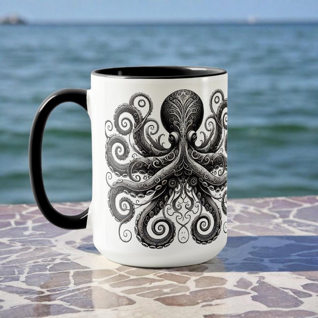 Kraken Steampunk Octopus Ornate Black Mugg (Skapare uppladdad)