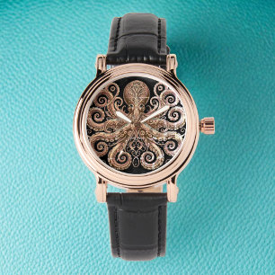 Kraken Steampunk Octopus Ornate Guld Black Armbandsur