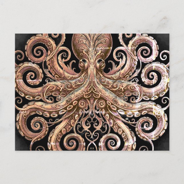Kraken Steampunk Octopus Ornate Guld Black Vykort (Framsida)