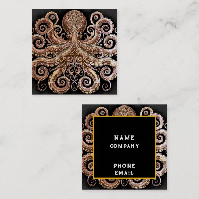 Kraken Steampunk Octopus Ornate Guld och Black Fyrkantigt Visitkort (Fram/baksida)