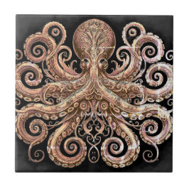 Kraken Steampunk Octopus Ornate Guld och Black Kakelplatta