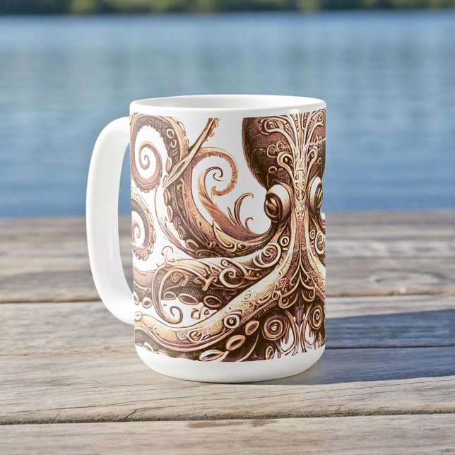 Kraken Steampunk Octopus Ornate Guld White Kaffemugg (Skapare uppladdad)