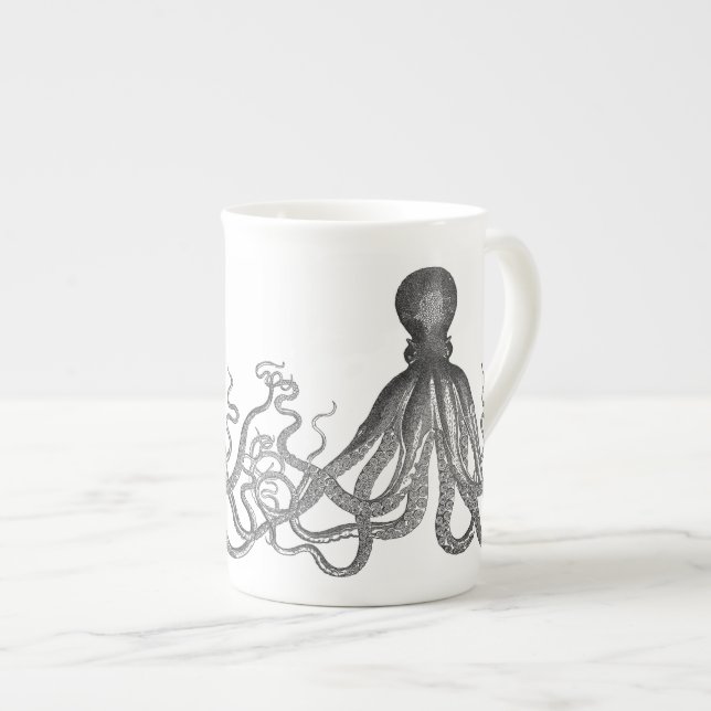 Kraken - svart jätte- bläckfisk/Cthulu Benporslin Mugg (Framsida höger)