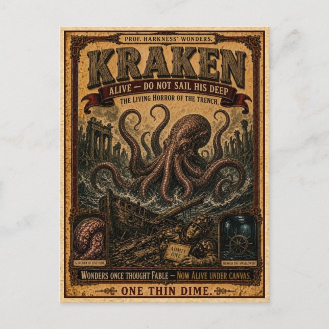 Kraken, Vintage Cirkusmonster Vykort (Framsida)