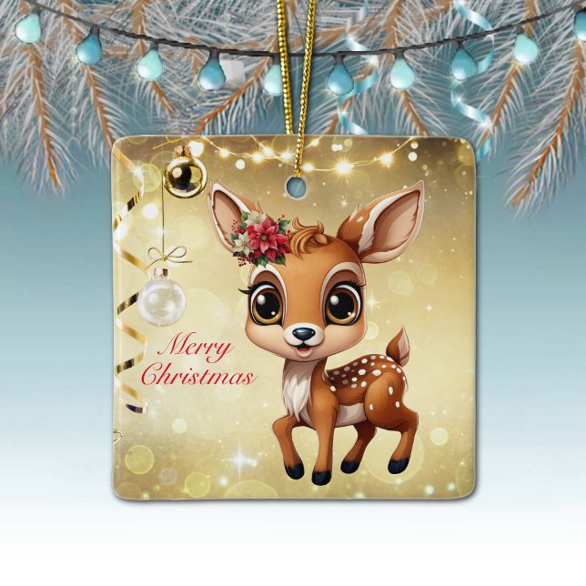 Kråkid, hjortkid, dovvild 🦌 🎄Guld God Jul Julgransprydnad Keramik (Baby Deer, Floral Fawn, Doe Poinsettia Customizable Merry Christmas Gold Square Ceramic Ornament🦌🎄)