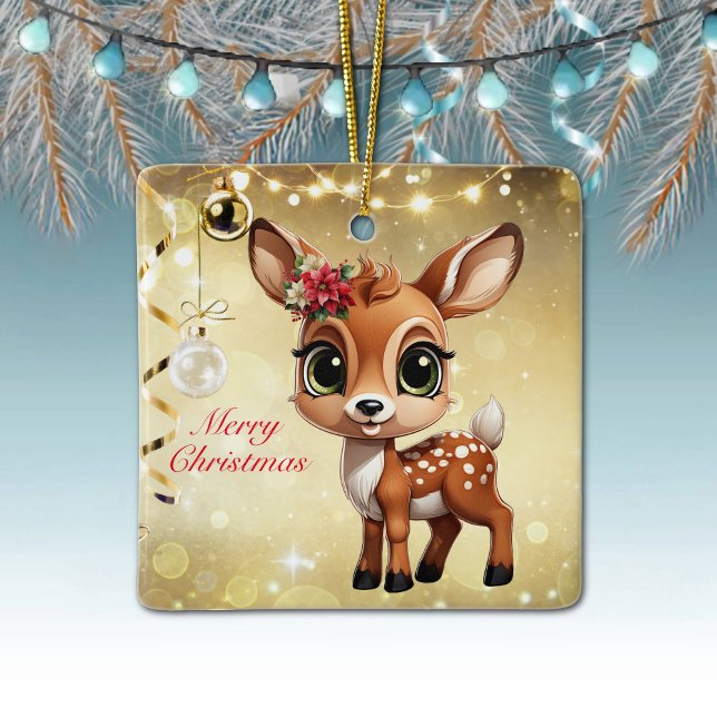 Kråkid, hjortkid, dovvilt 🦌 🎄Guld God Jul Julgransprydnad Keramik (Baby Deer, Floral Fawn, Doe Poinsettia Customizable Merry Christmas Gold Square Ceramic Ornament🦌🎄)