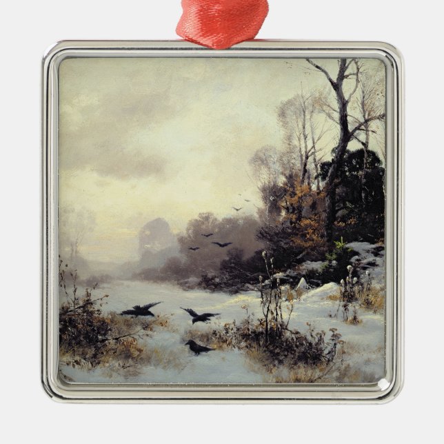 Kråkor i en vinter landskap, 1907 julgransprydnad metall (Framsidan)