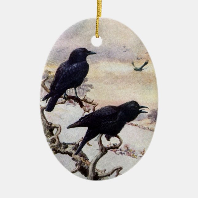 Kråkor i vintervintageillustration julgransprydnad keramik (Framsidan)
