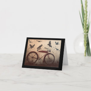 Kråkor samlas på en röd vintage-cykel tack kort
