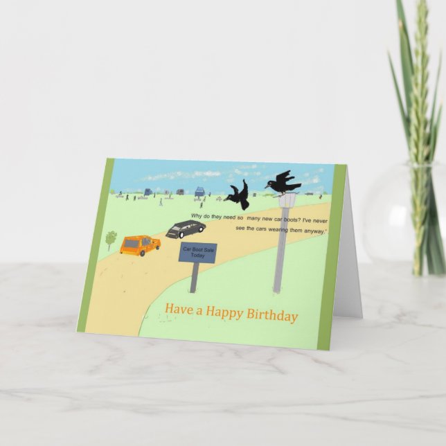 Kråkor vid en bilförsäljning. Födelsedagskort Kort (Framsida)