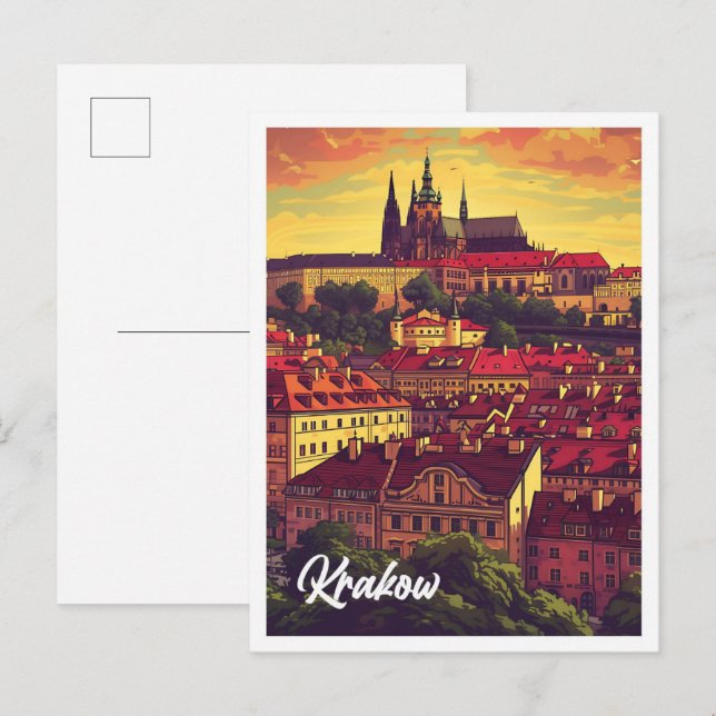 Krakow Poland Artistic Travel Illustration Vykort (Fram/baksida)
