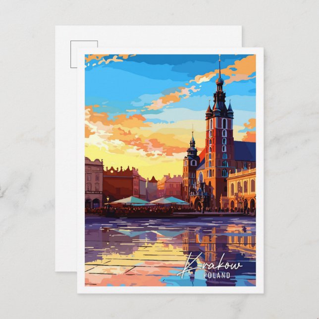 Krakow Poland vintage resor illustration Vykort (Fram/baksida)