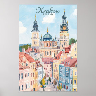 Krakow Polen Gouache Paint Illustration Travel Poster