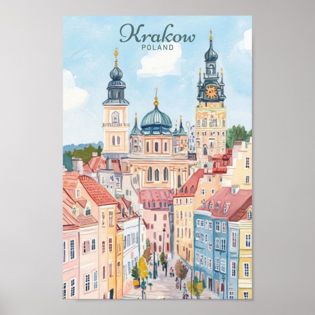 Krakow Polen Gouache Paint Illustration Travel Poster (Framsidan)