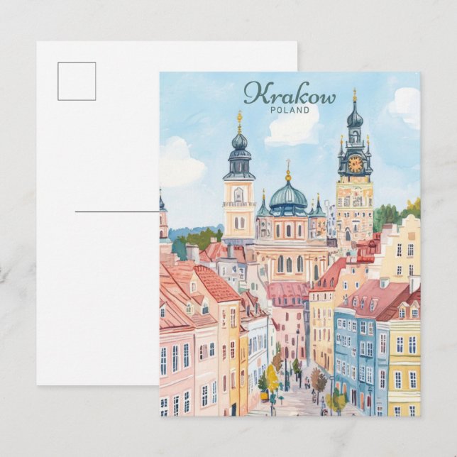 Krakow Polen Gouache Paint Illustration Travel Vykort (Fram/baksida)