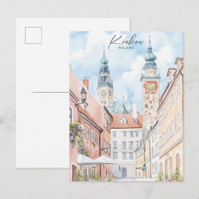Krakow Polen Gouache Paint Illustration Travel Vykort (Fram/baksida)