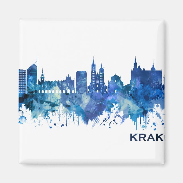 Krakow Polen Skyline Blue Magnet (Framsidan)