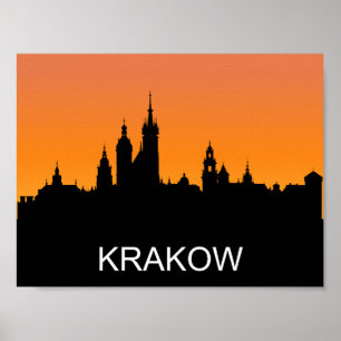 Krakow siluett, sommarsolnedgång, illustration poster