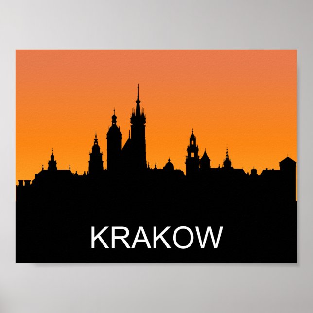Krakow siluett, sommarsolnedgång, illustration poster (Framsidan)