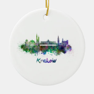 Krakow skyline i vattenfärg julgransprydnad keramik