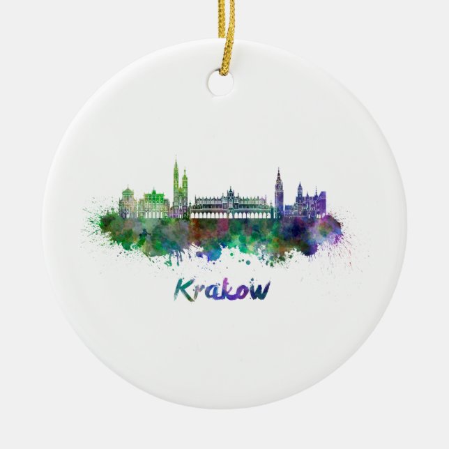 Krakow skyline i vattenfärg julgransprydnad keramik (Framsidan)