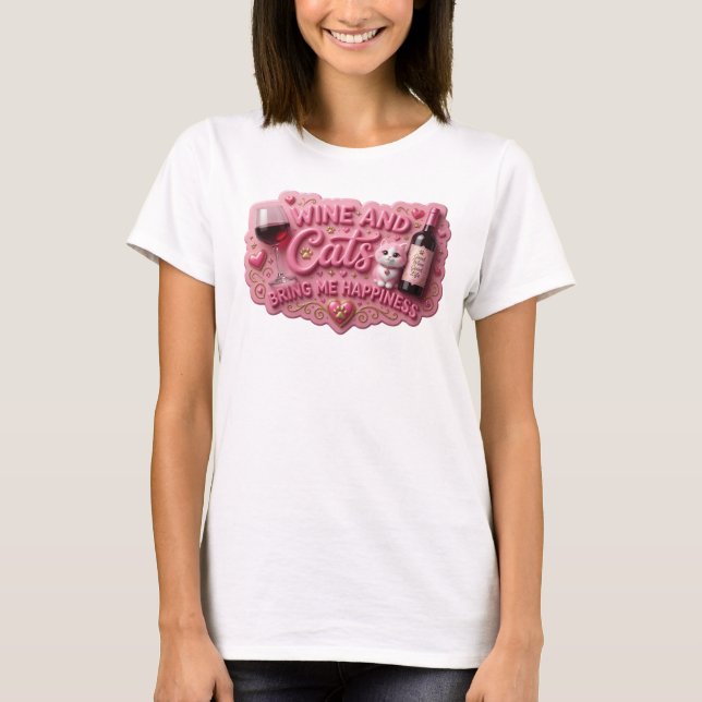 KrÄkt Rosa VIN OCH KATTER GER MIG LYCKA T Shirt (Framsida)