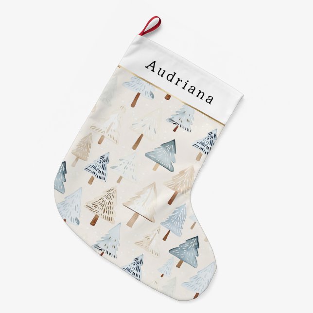 Kräm Beige Blå Julgranar Stor Julstrumpa (Framsidan (Hängande))