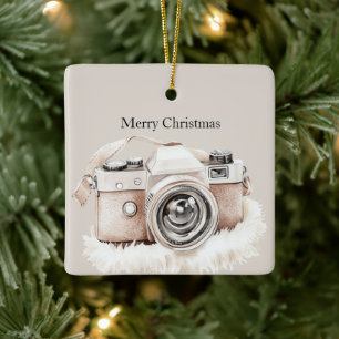 Kräm Beige Kamera Ränder Jul Julgransprydnad Keramik