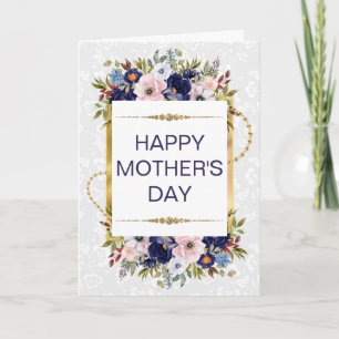 Kräm & Blå Blommor & Guldglitter Mors Dag Kort