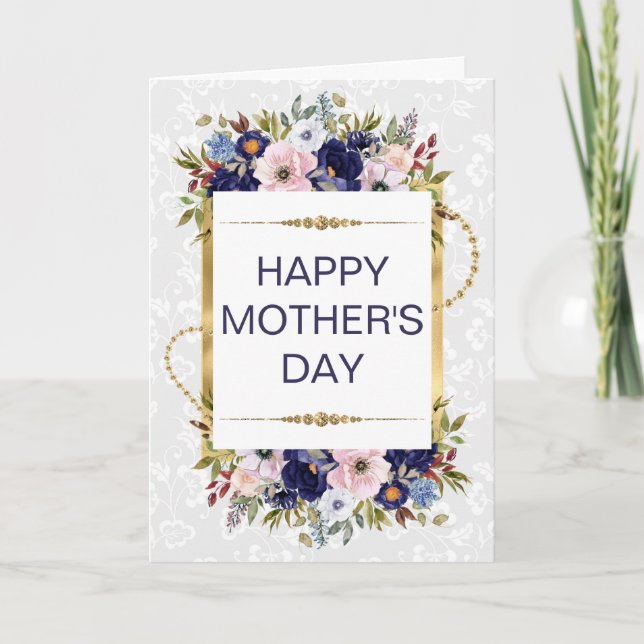 Kräm & Blå Blommor & Guldglitter Mors Dag Kort (Framsida)
