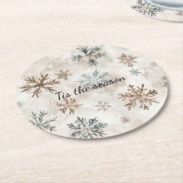 Kräm Blå Bruna Snöflingor Jul Underlägg Papper Rund (Vinklad)