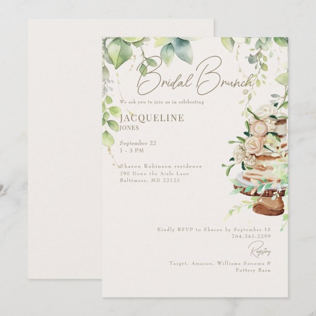 Kräm Botanisk Tårta Bröllopsbrunch Inbjudningar (Fram/baksida)