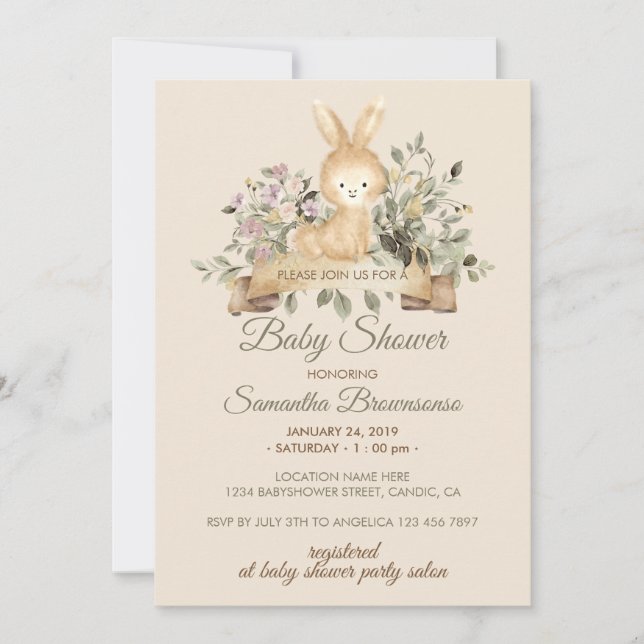 Kräm Bunny Rabbit Botanisk Blommig Babyfirande Inbjudningar (Framsida)