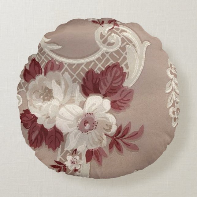 Kräm & Burgundy tapettryck Rund Kudde (Framsidan)