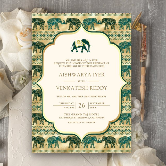 Kräm Emerald Elephant All in One Indiskt Bröllop Inbjudningar (Skapare uppladdad)