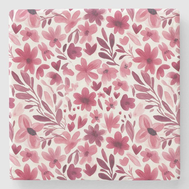 Kräm Flicka Rosa Röda Blommor Hjärtan   Stenunderlägg (Framsidan)