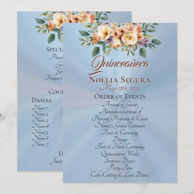 Kräm Floral Quinceanera Program - Pastellblå (Fram/baksida)