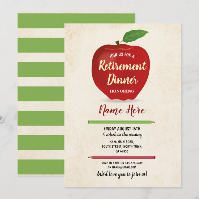Kräm för lärare för Apple pensionparty lantlig röd Inbjudningar (Fram/baksida)
