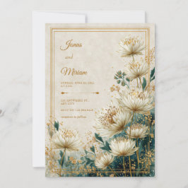 Kräm Förgylld Astrantia Teal Akvarell Bröllop Inbjudningar