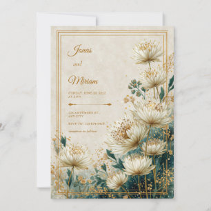 Kräm Förgylld Astrantia Teal Akvarell Bröllop Inbjudningar